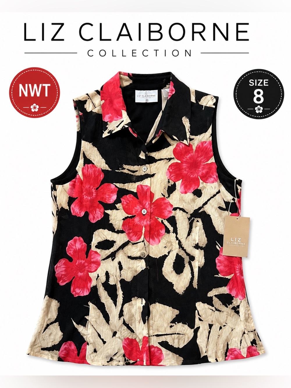 Liz Claiborne Collection NWT Floral Sleeveless Button Front Blouse Size 8